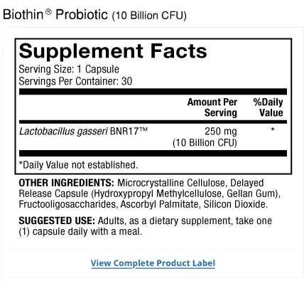 Biothin Probiotic supplement facts label