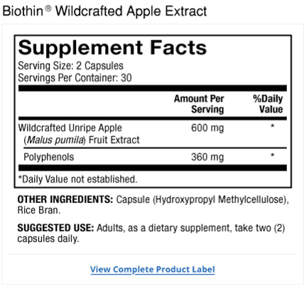Biothin® Wildcrafted Apple Extract supplement facts label