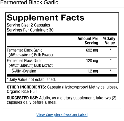 Fermented Black Garlic supplement facts label