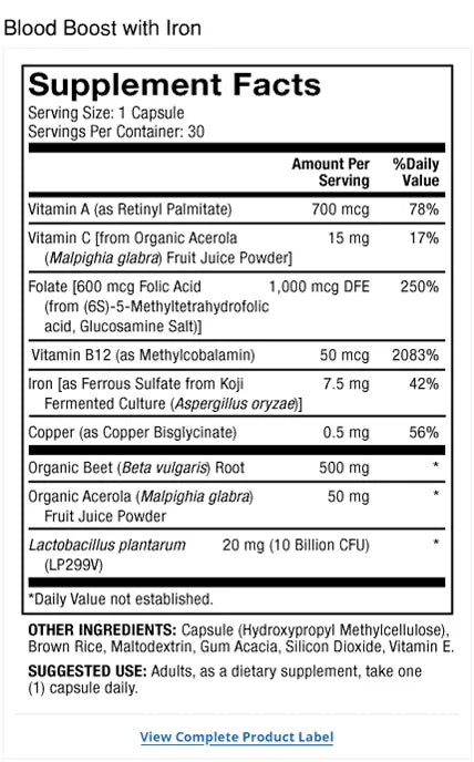 Blood Boost with Iron supplement facts label
