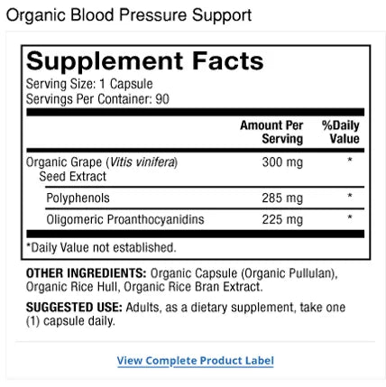 Organic Blood Pressure Support 90-Day supplement facts label