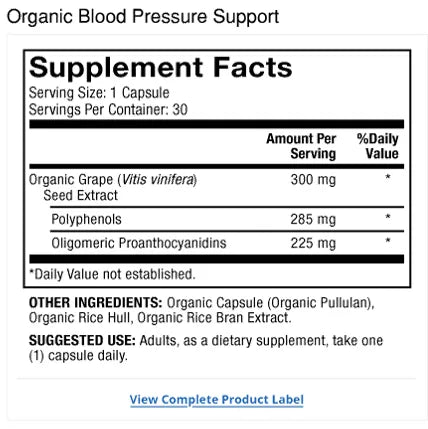 Organic Blood Pressure Support supplement facts label
