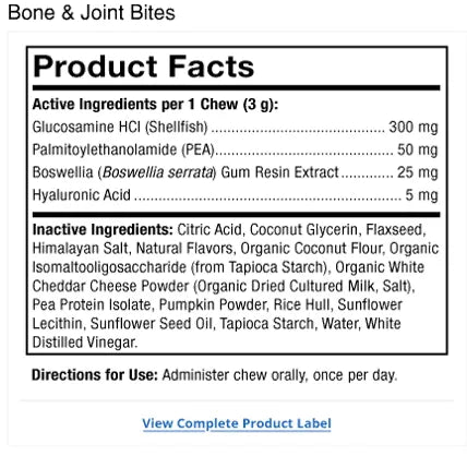 Bark & Whiskers® Bone & Joint Bites supplement facts label