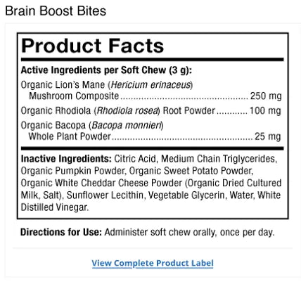 Bark & Whiskers® Brain Boost Bites supplement facts label