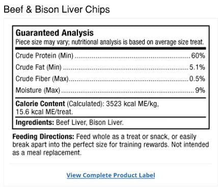 Bark & Whiskers® Beef & Bison Liver Chips supplement facts label