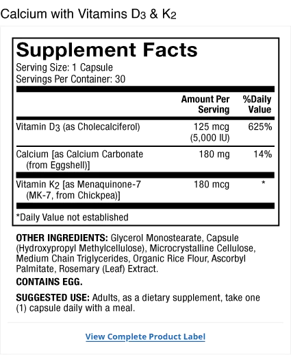 Calcium with Vitamins D3 & K2 30ct supplement facts label