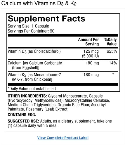 Calcium with Vitamins D3 & K2 supplement facts label