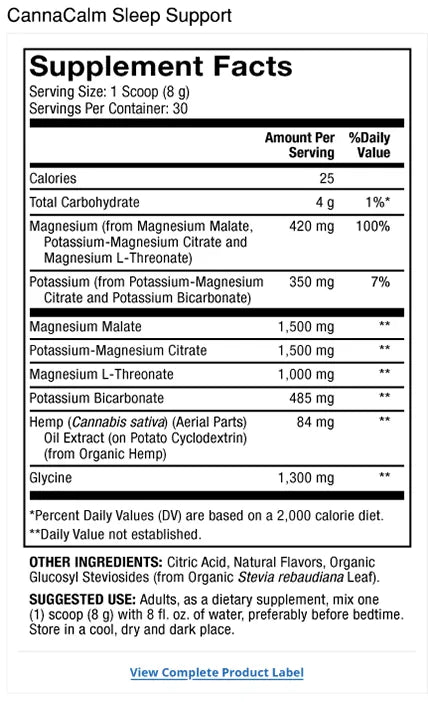 CannaCalm Sleep Support supplement facts label