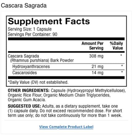 Cascara Sagrada supplement facts label