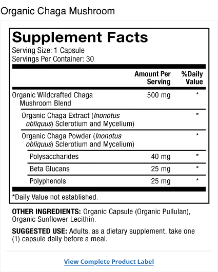 Organic Chaga Mushroom supplement facts label