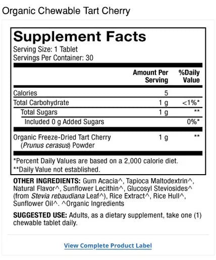 Organic Chewable Tart Cherry supplement facts label