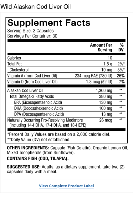 Cod Liver Oil supplement facts label
