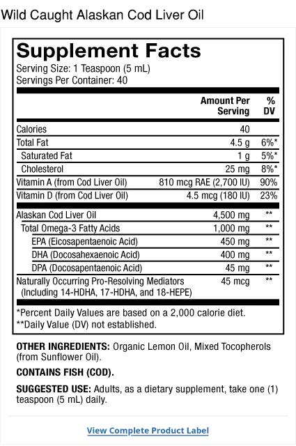 Liquid Cod Liver Oil supplement facts label