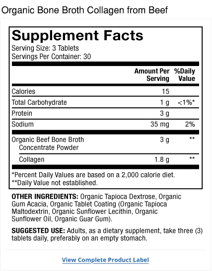 Organic Bone Broth Collagen 30-Day supplement facts label