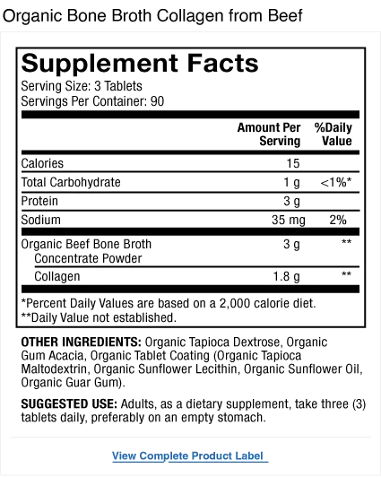 Organic Bone Broth Collagen 90-Day supplement facts label