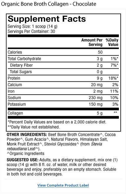 Organic Bone Broth Collagen Powder - Chocolate supplement facts label