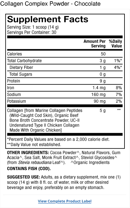 Collagen Complex Powder - Chocolate supplement facts label
