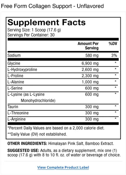 Free Form Collagen Support - Unflavored supplement facts label