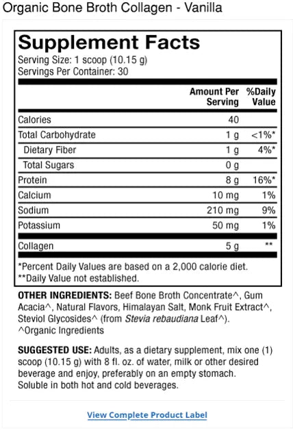 Organic Bone Broth Collagen Powder - Vanilla supplement facts label