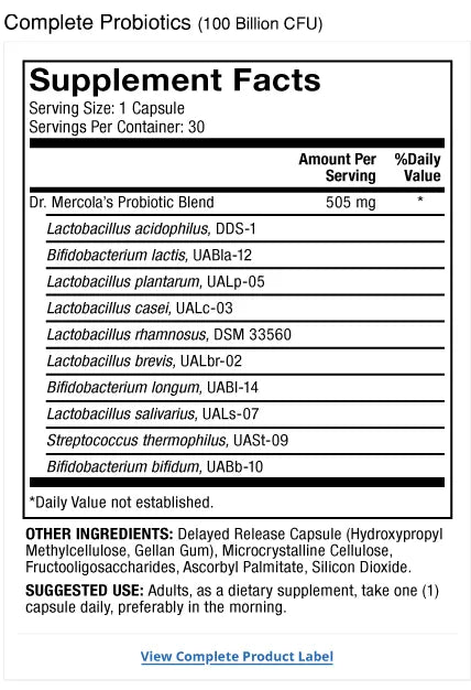 Complete Probiotics 100 B CFU supplement facts label