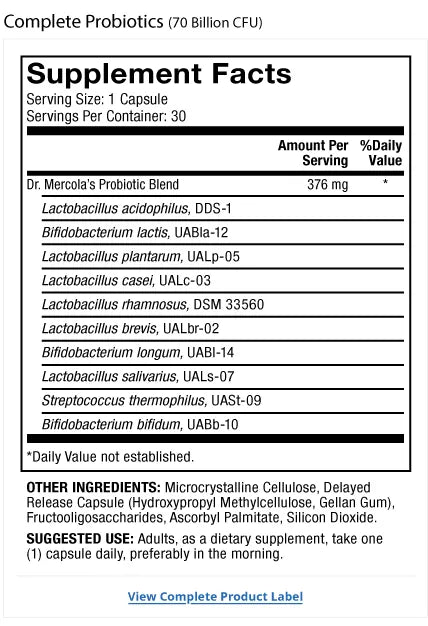 Complete Probiotics 70 B CFU supplement facts label