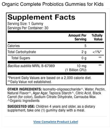 Organic Complete Probiotics Gummies for Kids - Cherry supplement facts label