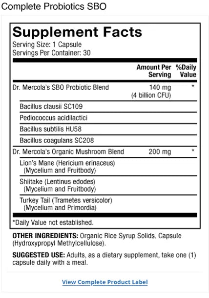 Complete Probiotics SBO 30-Day supplement facts label