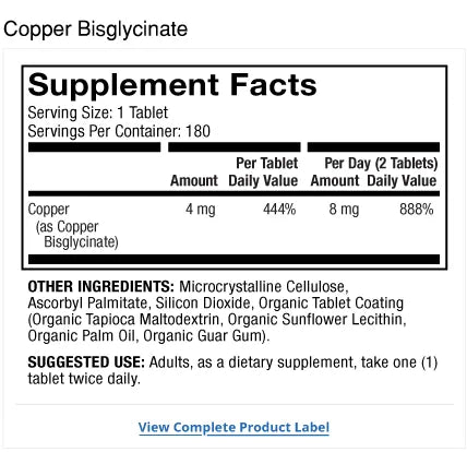 Copper Bisglycinate supplement facts label