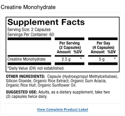 Pure Power Creatine Monohydrate supplement facts label