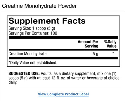 Pure Power Creatine Monohydrate - Unflavored supplement facts label