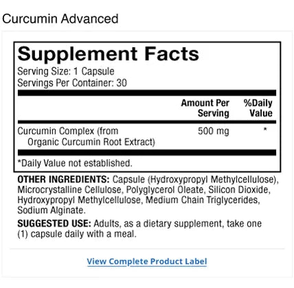 Curcumin Advanced supplement facts label