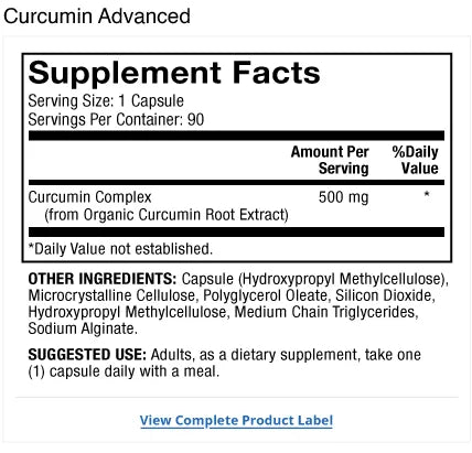 Curcumin Advanced supplement facts label