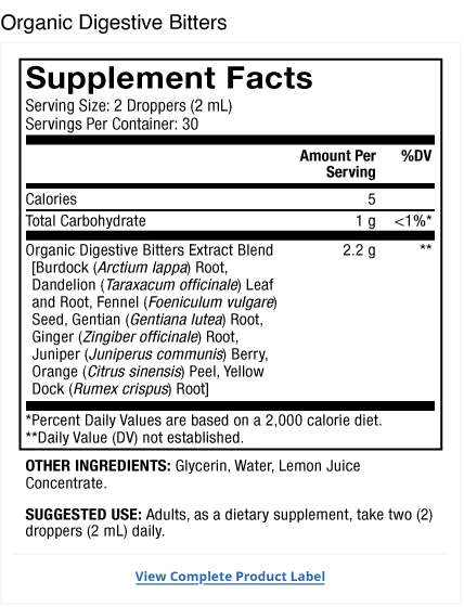 Organic Digestive Bitters supplement facts label