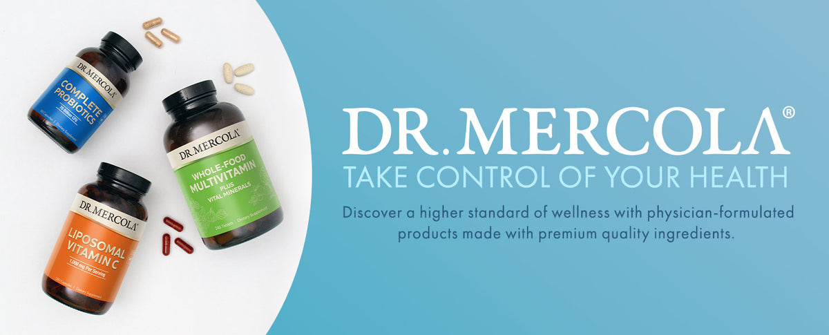 Dr. Mercola health supplement bottles with text on a blue background