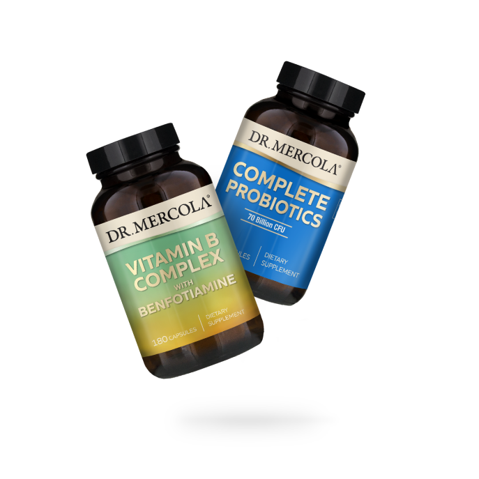 Frascos de suplementos Dr. Mercola Vitamin B Complex con Benfotiamina y Complete Probiotics