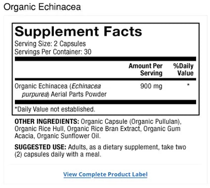 Organic Echinacea supplement facts label
