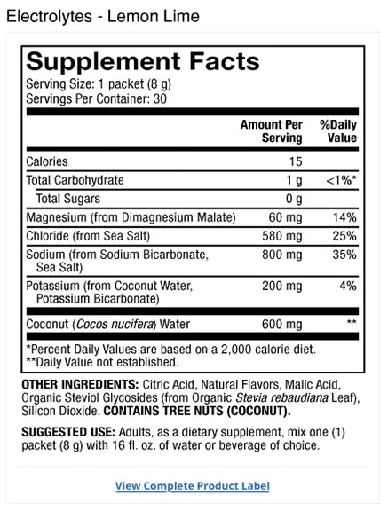 Pure Power Electrolytes - Lemon Lime supplement facts label
