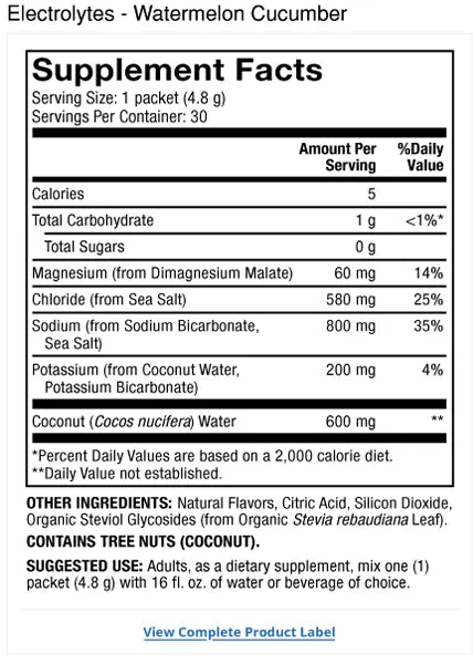 Pure Power Electrolytes - Watermelon Cucumber supplement facts label