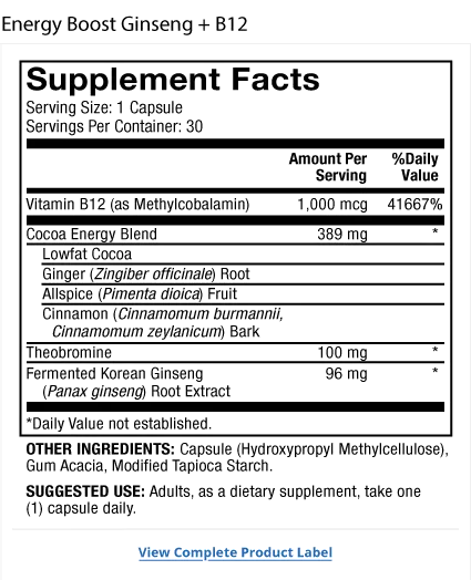 Pure Power Energy Boost with Ginseng + B12 supplement facts label