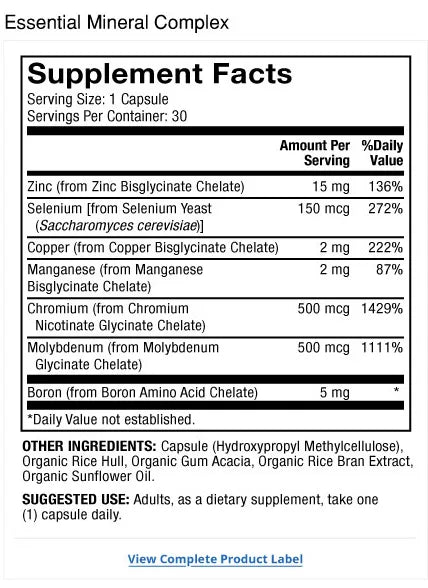 Essential Mineral Complex supplement facts label
