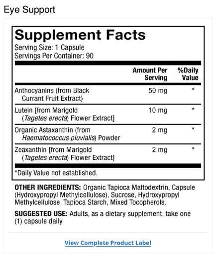Eye Support 90-Day supplement facts label