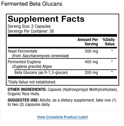 Fermented Beta Glucans supplement facts label