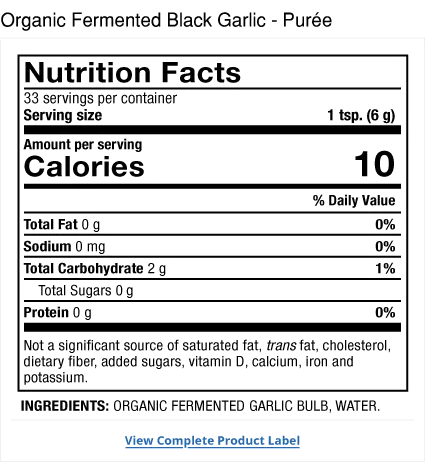 Solspring® Fermented Black Garlic, Organic - Purée supplement facts label