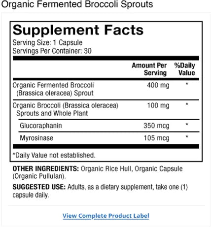 Organic Fermented Broccoli Sprouts supplement facts label