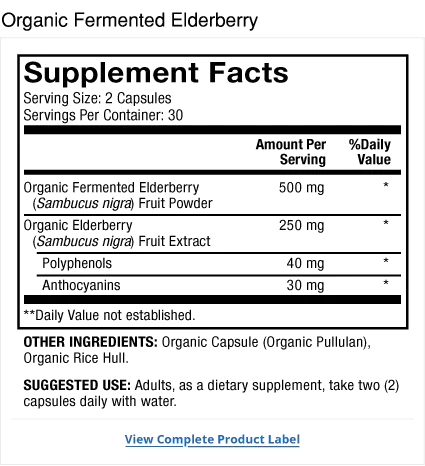 Organic Fermented Elderberry supplement facts label