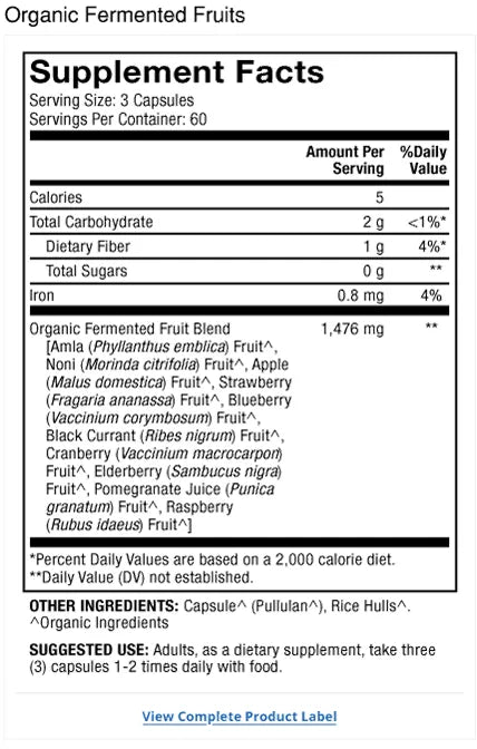 Organic Fermented Fruits (Capsules) supplement facts label