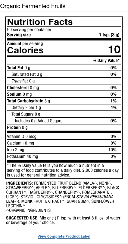 Organic Fermented Fruits (Powder) supplement facts label