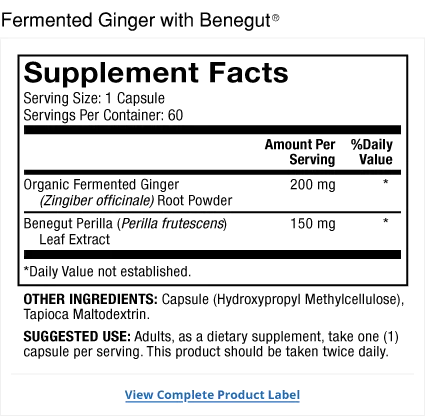 Fermented Ginger with Benegut supplement facts label