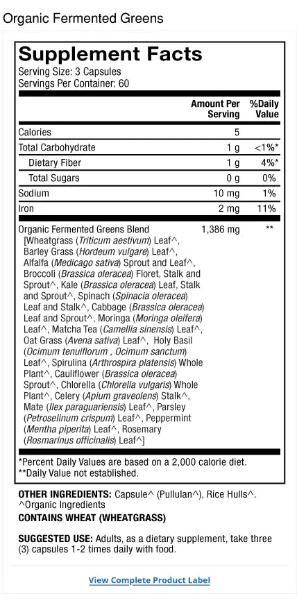 Organic Fermented Greens (Capsules) supplement facts label