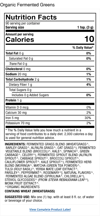 Organic Fermented Greens (Powder) supplement facts label